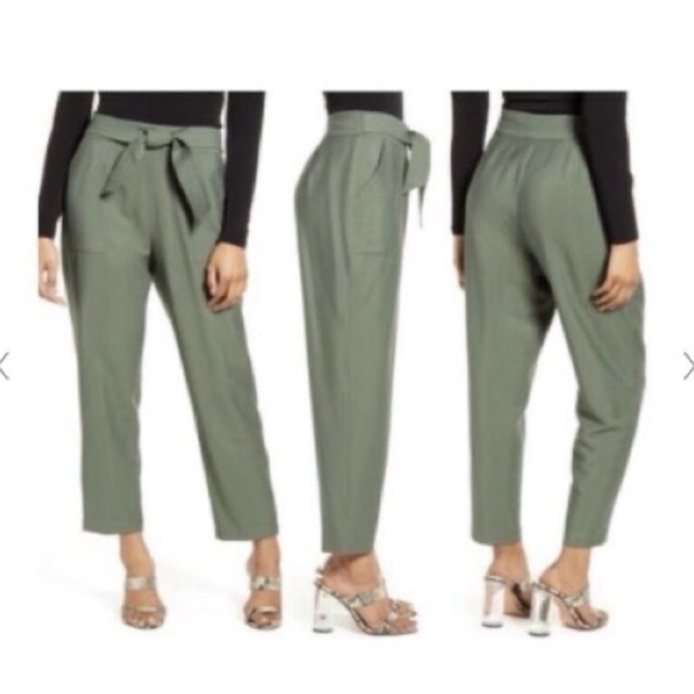 Leith Anthropologie Green Chino Pants with slightly tapered legs and self belt